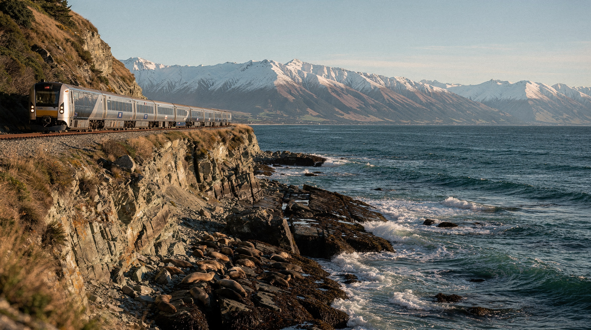 Comboio Coastal Pacific — Christchurch a Picton ao longo da costa do Pacífico