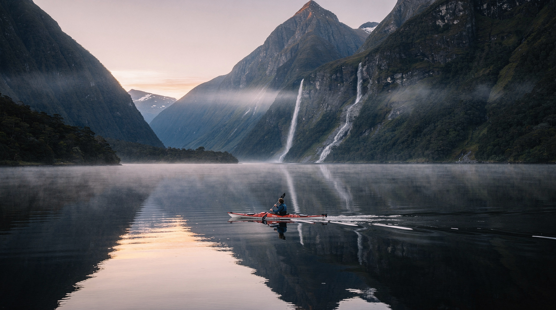 Caiaque em Milford Sound — remando sob os penhascos