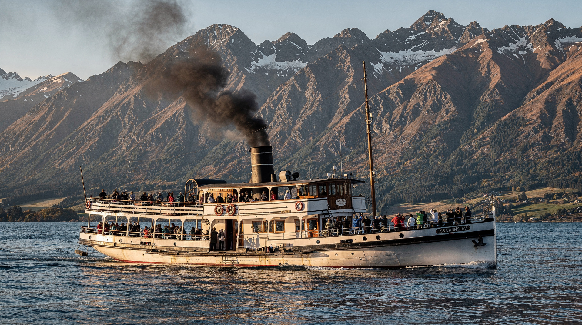 TSS Earnslaw vapor vintage — cruzeiro no Lago Wakatipu a bordo de um navio a carvão de 1912