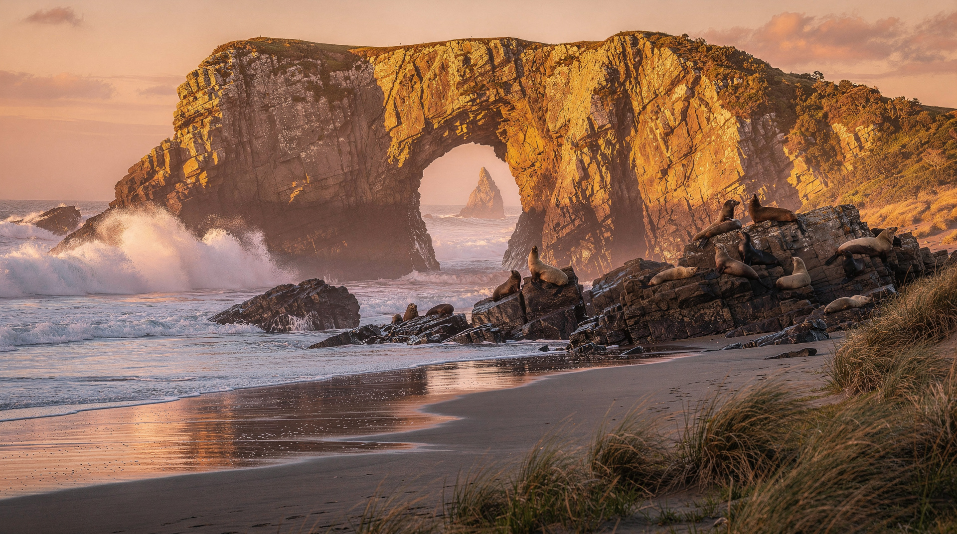Wharariki Beach e as Archway Islands